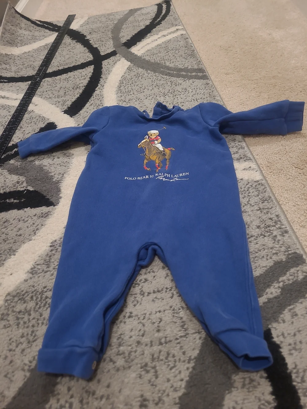 Ralph Lauren 9 Months Blue Polo Bear Sweatshirt Romper One Piece Outfit Jumpsuit